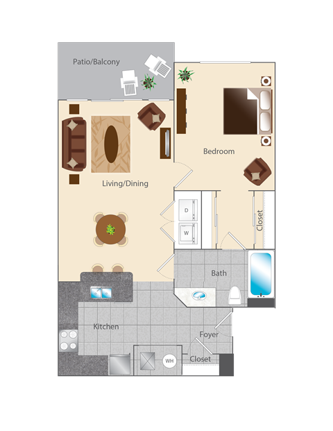 Floor plan for 1 bed, 1 bath, 776 sqft